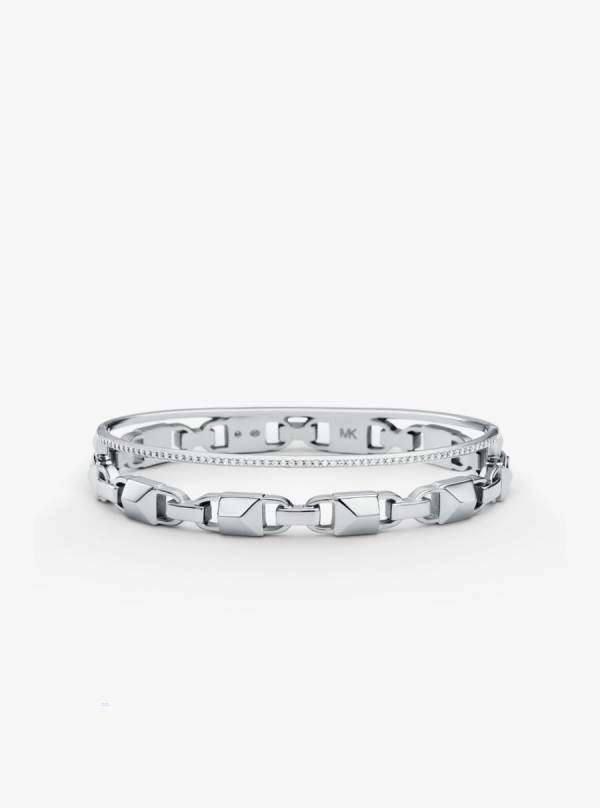 Damske Naramky Michael Kors Precious Metal-Plated Sterling Silver Mercer Link Pavé Halo Bangle Strieborne - Šperky Michael Kors Obchod | UQDAV-6452